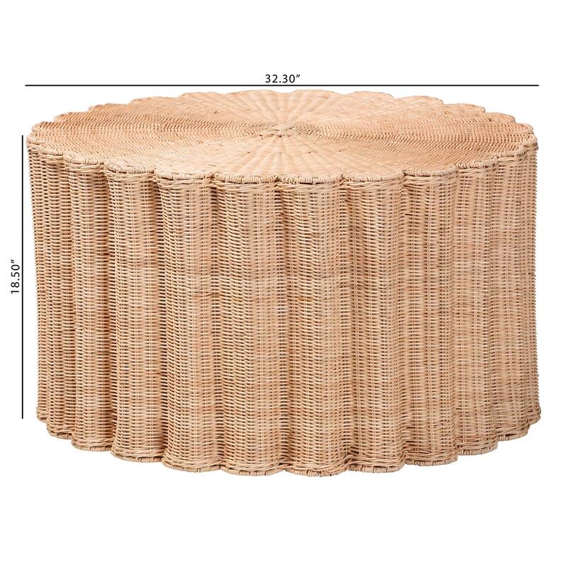 Kensley Natural Rattan Coffee Table - Handwoven Wicker Round Accent Table with Scalloped Silhouette, Boho Coastal Décor