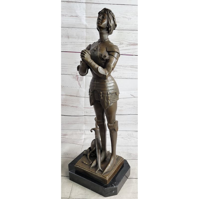 Saint Joan Of Arc Maid Of Orleans French Praying Bronze Sculpture Statue On Marble Base