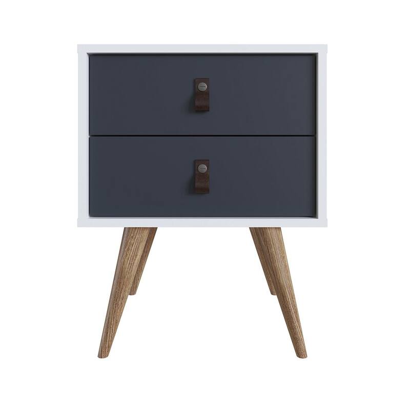 Manhattan Comfort Amber Nightstand with Faux Leather Handles in Blue and Nature