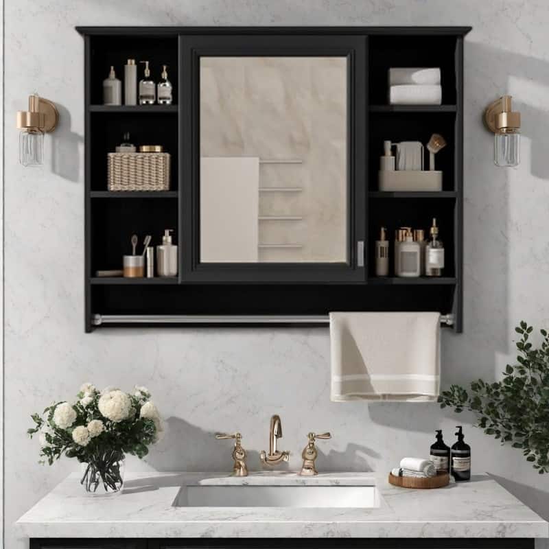 36''Wall Mounted Bathroom Mirror Cabinet with Adjustable Shelf, Medicine Storage Organizer with Soft-Close Door & Towel Bar