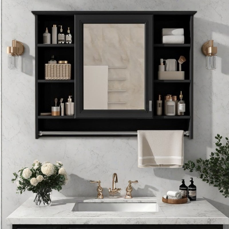 36''Wall Mounted Bathroom Mirror Cabinet with Adjustable Shelf, Medicine Storage Organizer with Soft-Close Door & Towel Bar