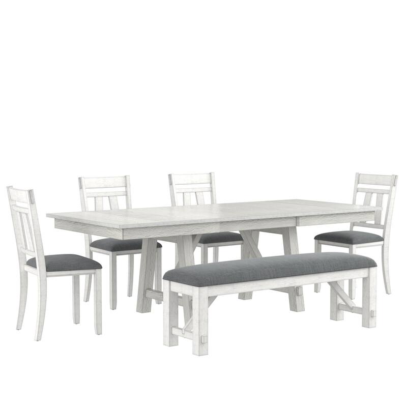 VECELO Dining Table Set with Bench, Solid Wood Rectangular Extendable Dining Table & Solid Wood Dining Chairs