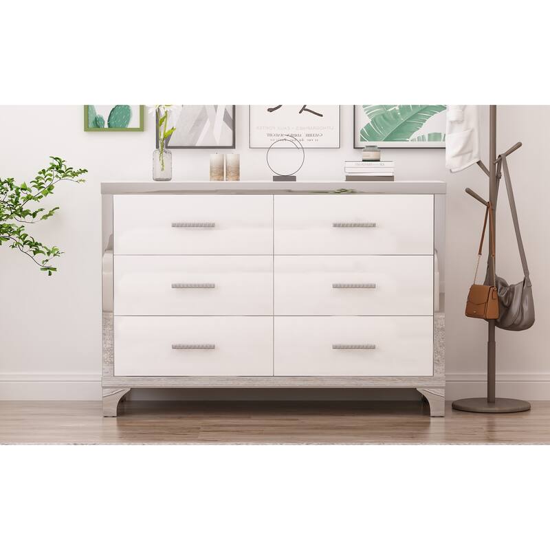 Elegant High Gloss Dresser with Metal Handle,Mirrored Storage Cabinet with 6 Drawers for Bedroom