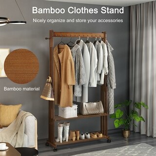 Walnut Clothes Rack Walnut Wood Rolling Clothing Garment Rack Open Wardrobe f Entryway ...