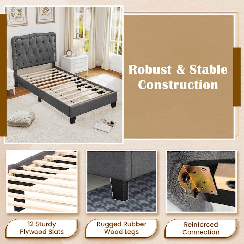 Twin Size Bed Frame Modern Linen Upholstered Platform Bed
