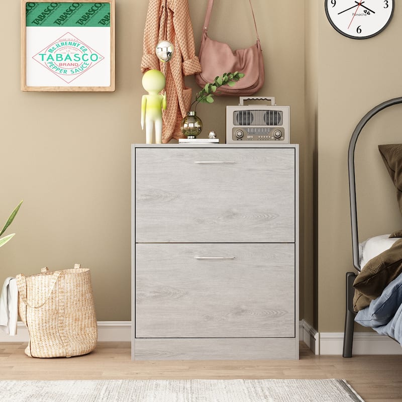 Grey Wood 12-Pair Shoe Storage Cabinet w/ 2 Flip Drawers by Kerrogee