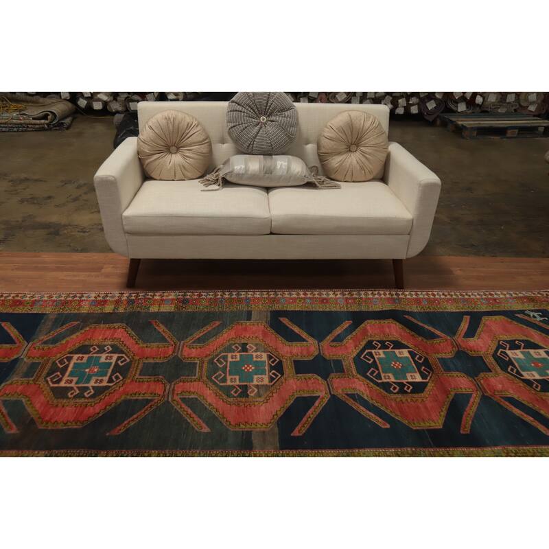 Hand Knotted Oriental 100% Wool Carpet Traditional Tribal Navy Blue & Blues Meshkin Runner Rug - 11' 0'' X 4' 1''