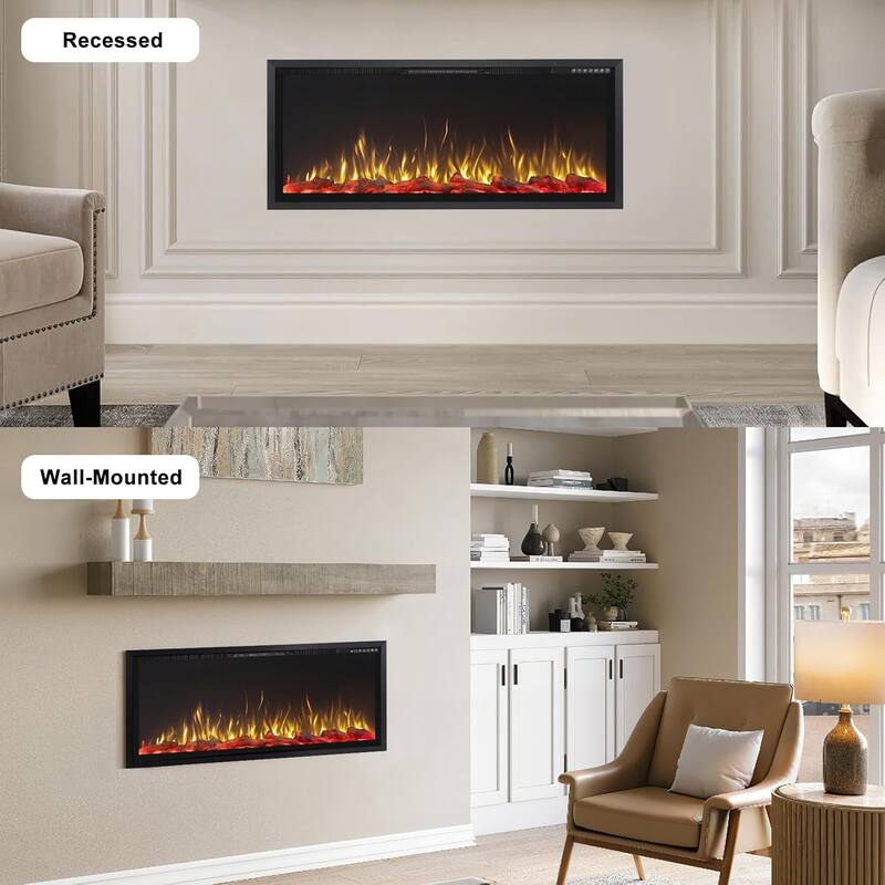 BOSSIN Recessed Wall Mount Electric Fireplace - Ultra-Narrow Frame, Low Noise, Remote w/Timer, Adjustable Flame Color & Speed