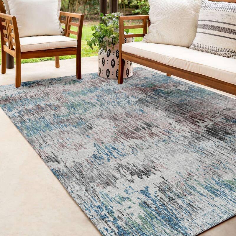 Indoor/ Outdoor Accord Modern Brushstrokes Polyester Washable Rug New - 3' x 5' - Teal