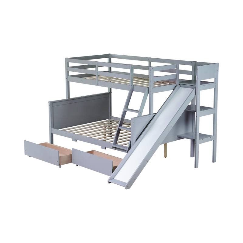 Twin over Full Bunk Bed with Slide, Drawers, Shelves, and Ladder in Grey
