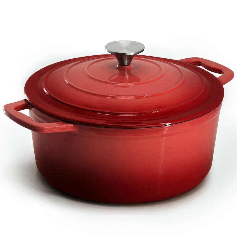 Enameled Cast Iron Casserole Dish with Lid 5 Quart Capacity in Red