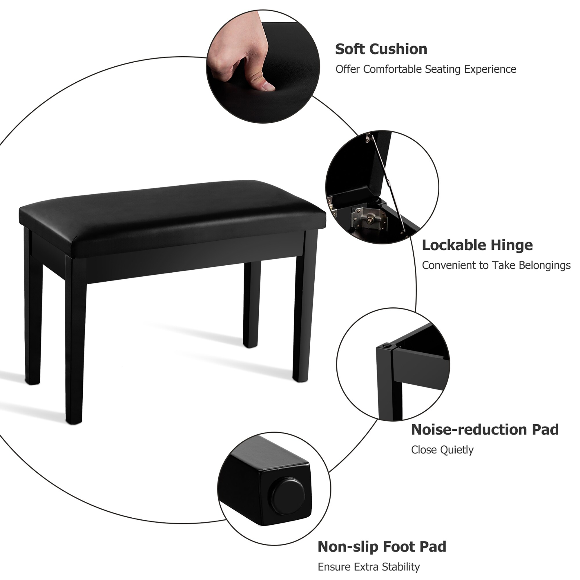 Piano Benches PU Leather Padded Duet Double Comfortable Artist Concert Seat Chair Stool Storage Black 
