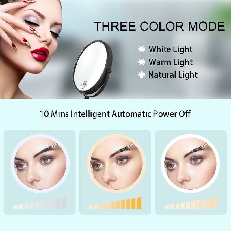 8 in. Small Round 10X Magnifying 3-Color-LED Touch Screen Bathroom Makeup Mirror with Built-in Battery and Type-C Port