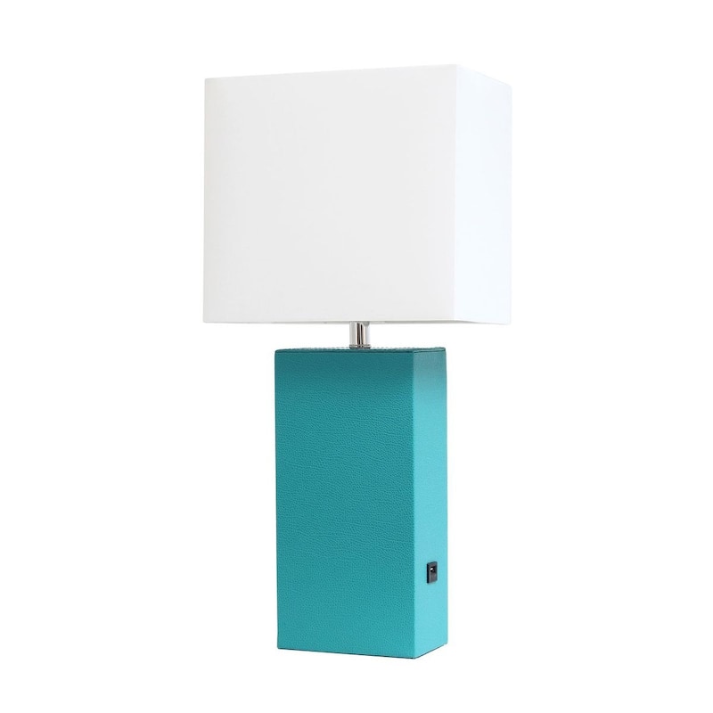 Modern Leather Table Lamp with USB and White Fabric Shade