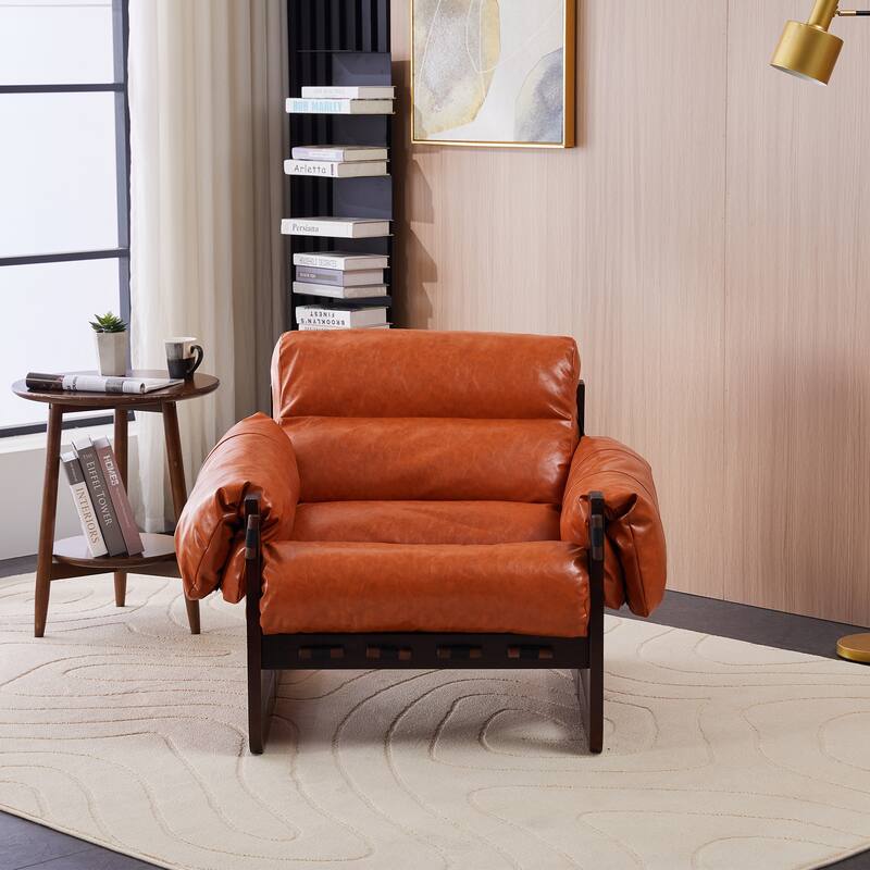 Water-Repellent Leather Accent Chair Sofa Chair with Mortise & Tenon Assembly, Lounge Chair with Removable Cushion
