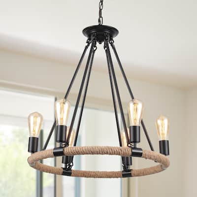 6-Light Farmhouse Chandelier, Modern Wagon Wheel Chandelier for Dining Room Living Room Bedroom Kitchen - W22.83"x H23.26"