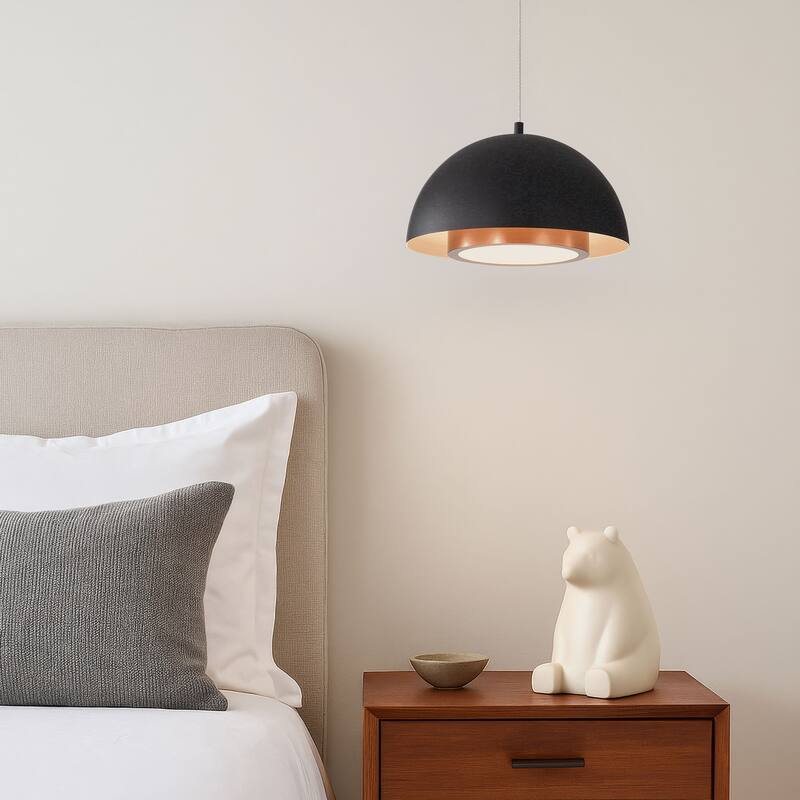 Solsken 12" LED Pendant in Sand Black with Aged Copper