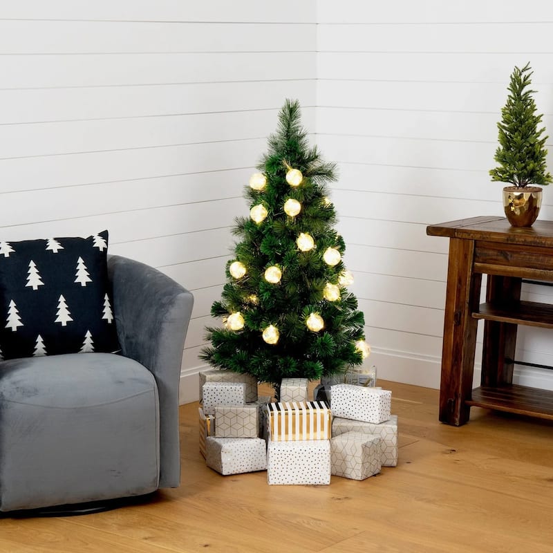 4' Pre-Lit Fiber Optic Artificial Christmas Tree with Ornaments, Warm White LED Lights