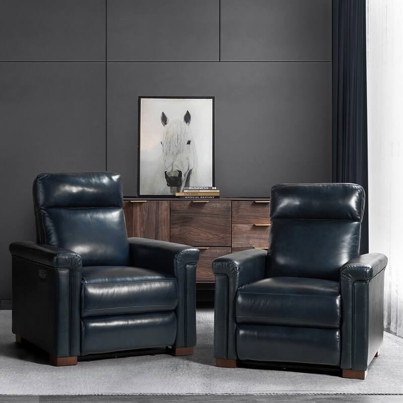 Alicia 34.65" Wide Contemporary Classic Genuine Leather Power Recliner With USB Port (Set of 2) - Navy