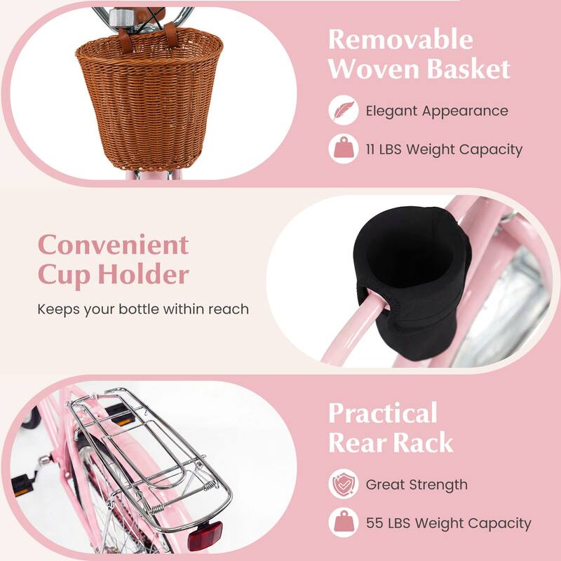 Gymax 26-Inch Beach Cruiser Bike w/Adjustable Seat Woven Basket & Rear