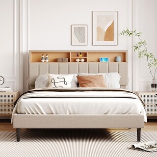 Queen Size Linen Platform Bed with Storage Headboard and USB Port