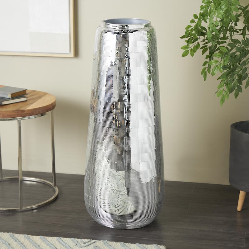 Fiberglass Mosaic Floor Decorative Vase with Blue Interior - Silver - Roche River Decor