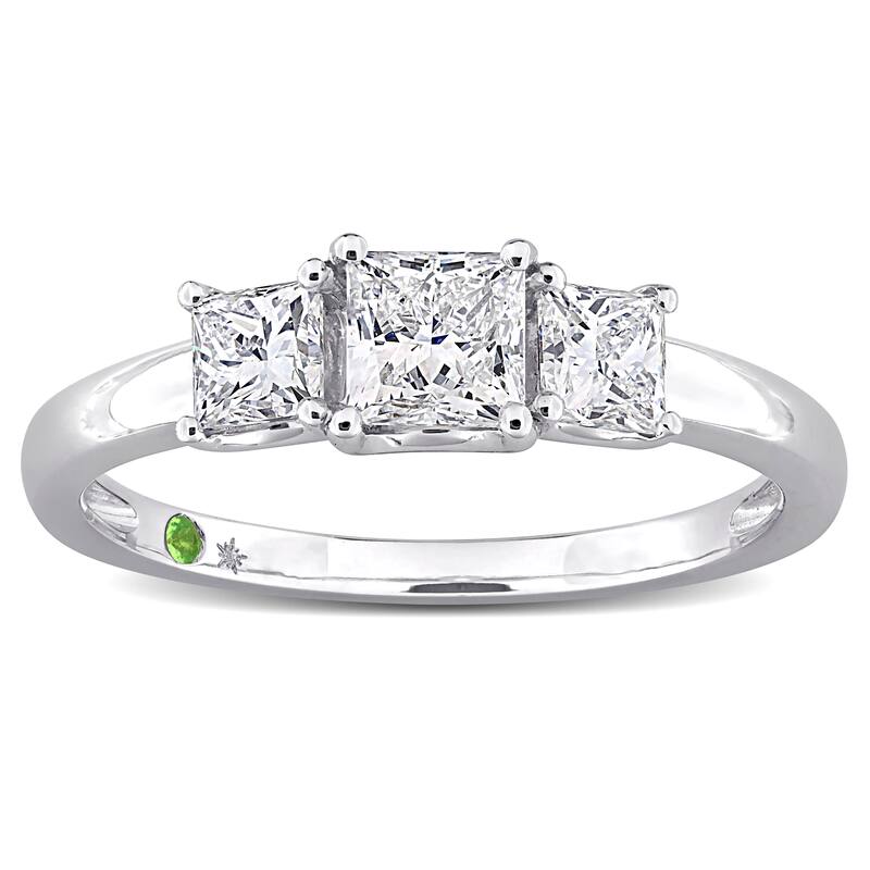 Miadora 1ct TDW Princess-Cut Lab-Grown Diamond and Tsavorite Accent Three-Stone Ring in 14k White Gold