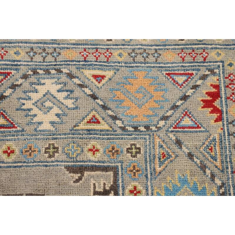 Geometric Grey Kazak Oriental Area Rug Handmade Wool Carpet - 4'10" x 6'11"