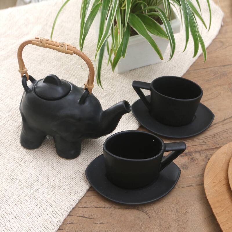 Novica Handmade Tea With Elephants Ceramic Tea Set For Two (5 Pcs)