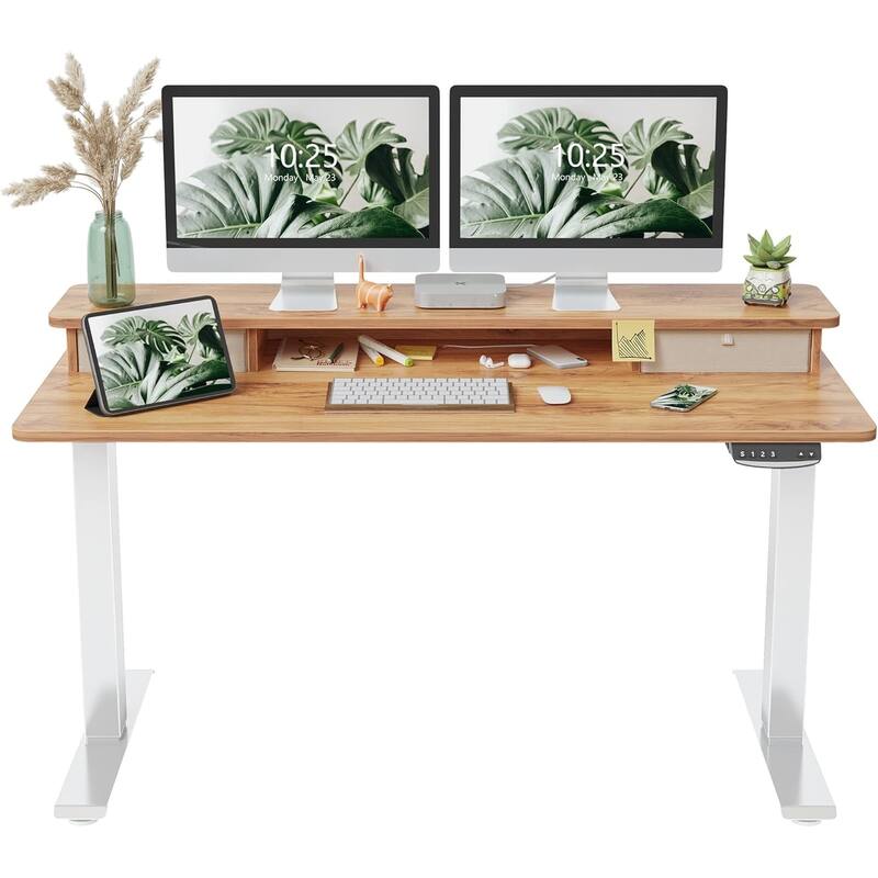 FEZIBO Height Adjustable Electric Standing Desk with Double Drawer, Stand Up Desk with Storage Shelf, Sit Stand Desk