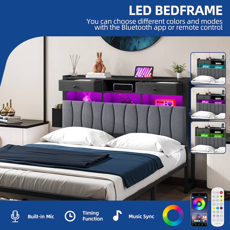 Moasis Linen Upholstered Platform Bed, Bed Frame with Hidden Storage Headboard and Charging Station