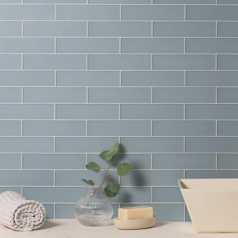 2 in. x 8 in. Glass Subway Wall Tile - 2 in. x 8 in. - Aqua Blue Matte