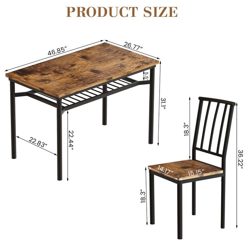 Modern Industrial Dining Table Set for 4, 5-Piece Wood Kitchen Table and Chairs, Dining Room Table Set with Storage Rack