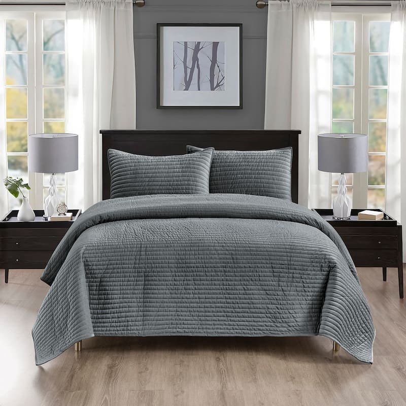 Pointehaven Heavy-Weight Oversized Channel Design Velvet Quilt Sets - Silver Grey - Full - Queen