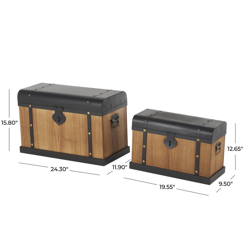Wooden Storage Decorative Trunk with Black Metal Tops and Gold Studs - Set of 2 Brown - Roche River Decor