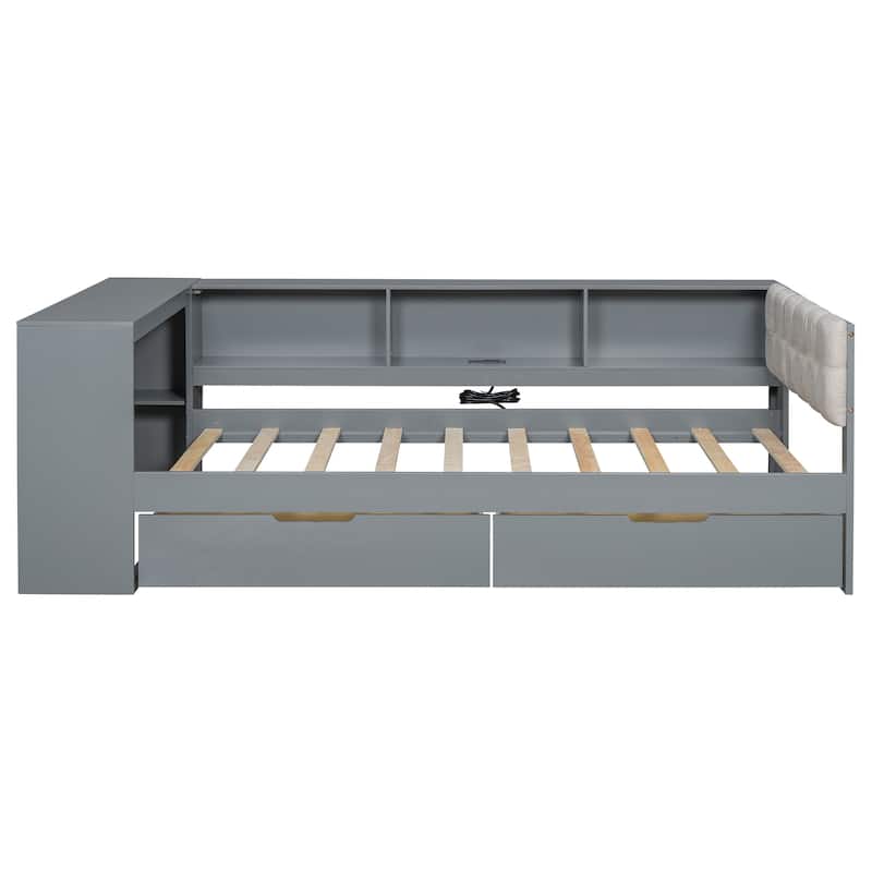 L-shaped Bed Frame with Desk,Shelves,Charging Station,and Optional Upholstered Sofa Bed with Trundle or Wood Daybed with Drawers