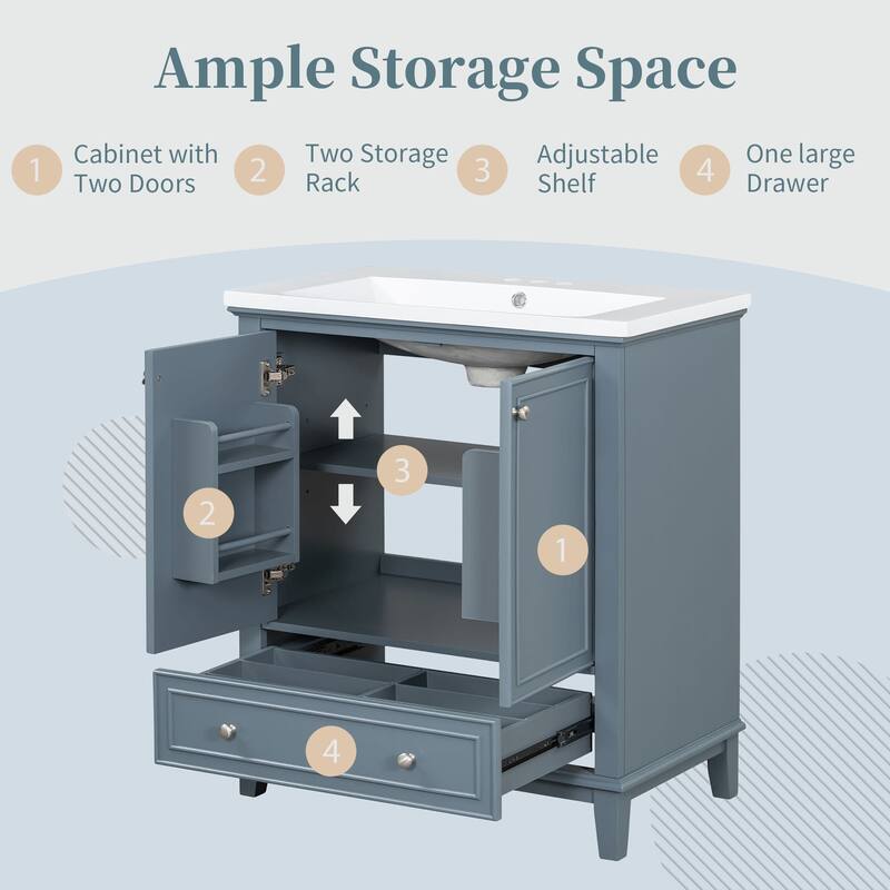 30" Bathroom Wood Storage Vanity Cabinet with Ceramic Sink, Drawer