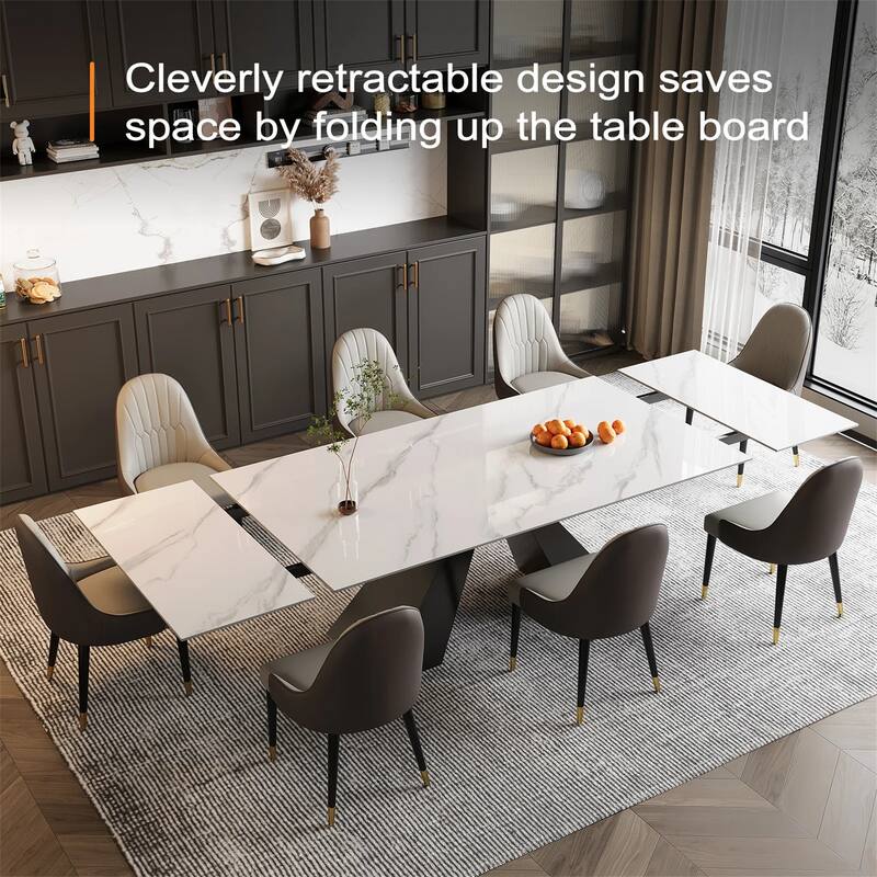 9 - Piece 110.24'' Extendable Sintered Stone Dining Table and 8 Leather Chairs Dining Set