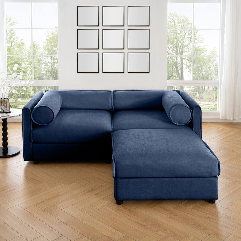 Modern Chenille 6-Seater Sofa with Ottoman Storage, Hidden Storage, Cylindrical Cushioned Arms and Backrest