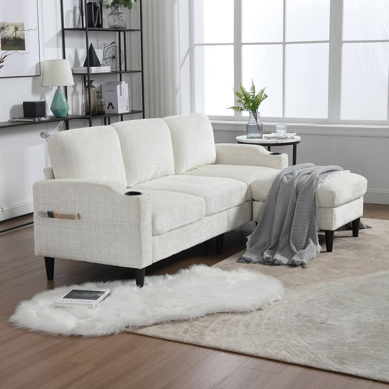 HOMEFUN Chenille Upholstered L-Shaped Living Room Sofa with Storage Ottoman - Beige