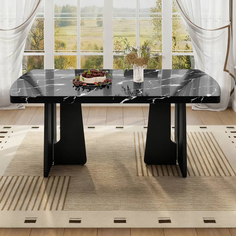 63" Modern Faux Marble Dining Table - Black/White Marble Top with Sturdy Geometric Legs, Stylish Kitchen & Dining Room Table