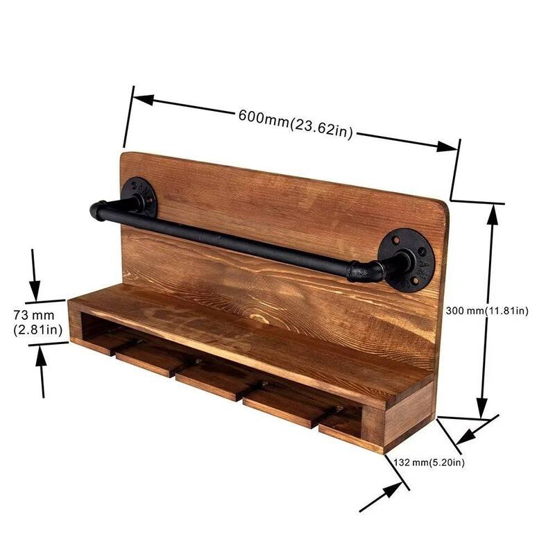 Rustic Brown Solid Wood Metal Wall-Mounted Wine Rack with Bottle and Glass Holder - 5.2'' D x 23.62” W x 11.81” H