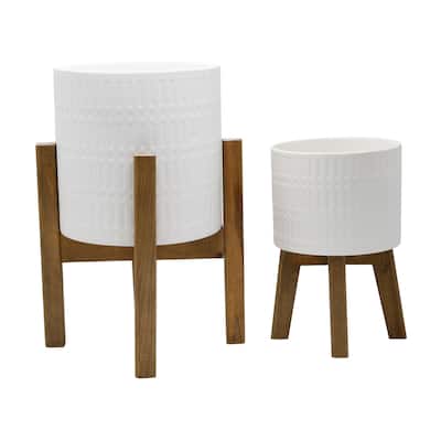 Set Of 2 10" & 8" Roman Ceramic Planter On Wood Stand