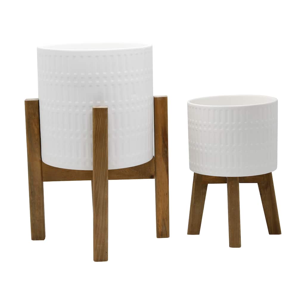 Set Of 2 10" & 8" Roman Ceramic Planter On Wood Stand