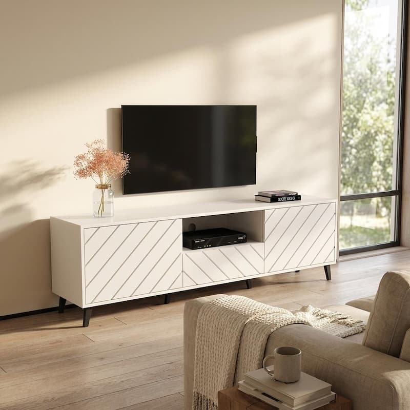 Meble Furniture Paris Modern 71" High Gloss TV Stand with Geometric Front Design, Angled Legs, 22"H x for up to 80" TVs