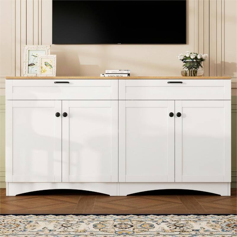 Farmhouse TV Stand 2 Drawers for TVs Up to 70",Mid-Century Buffet Cabinet with Adjustable Shelves