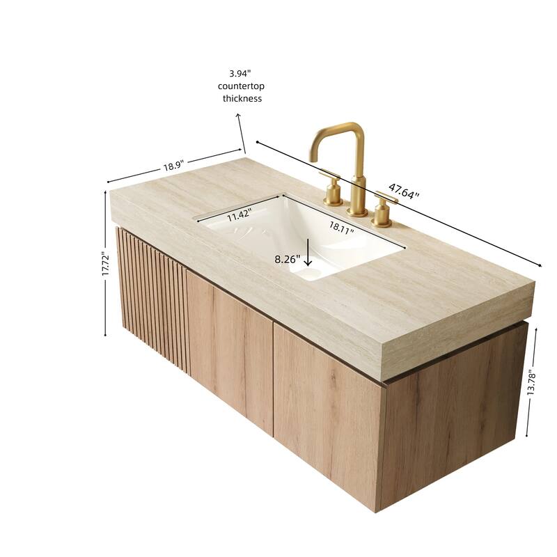Floating Bathroom Vanity with Sintered Stone Top & Undermount Ceramic Basin with Three Pre-drilled Faucet Holes