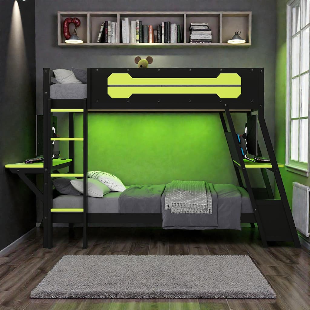 Twin/Full Gaming Bunk Bed with Dual Desks, USB Charging Ports and Pegboard Organizer, Gamer Bunk Frame