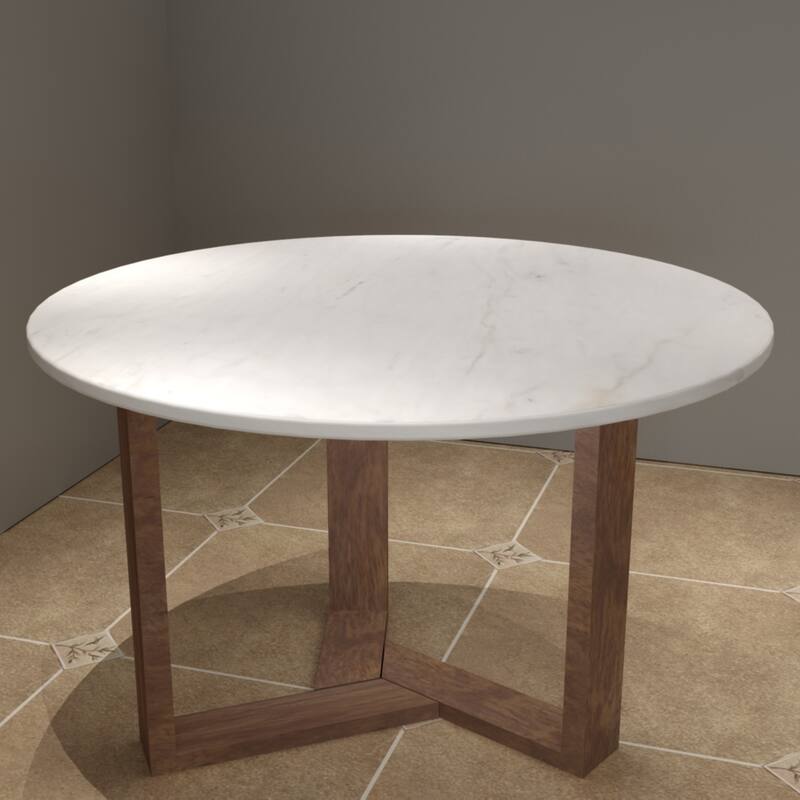 Fina Table, Round White Genuine Marble Top, Natural Brown Mango Wood 3 Leg Sled Base