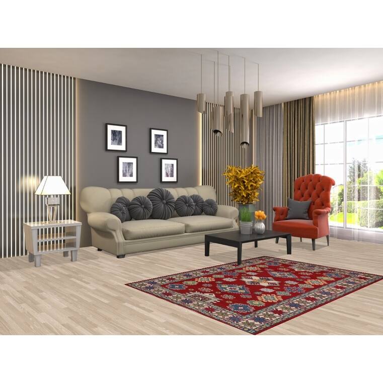 Oriental Kazak Area Rug Hand-Knotted Geometric Red Wool Carpet - 4'0" x 5'8"